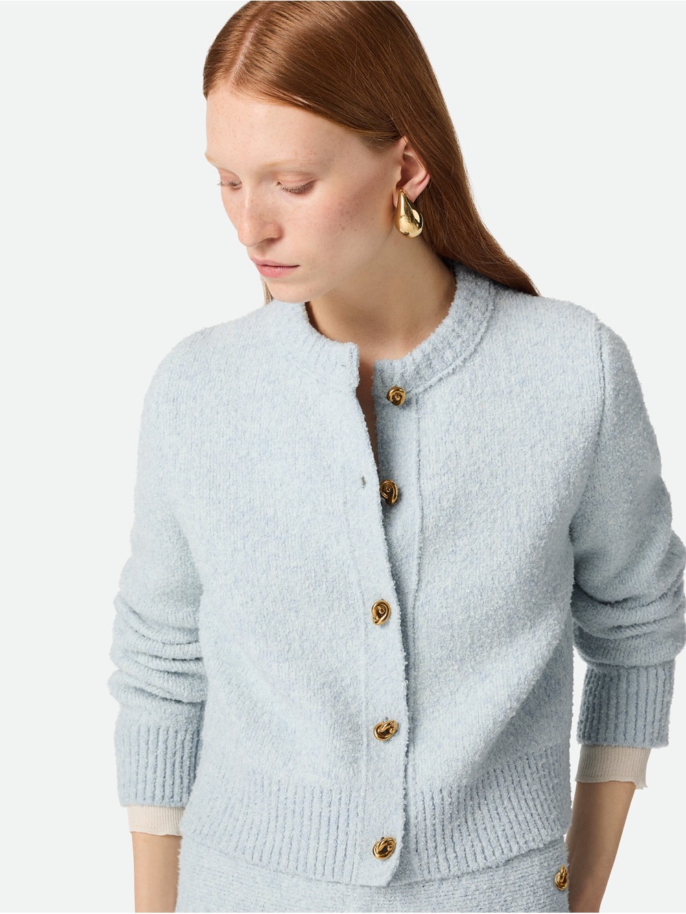 Bottega Veneta Pale Blue Bouclé Button Cardigan